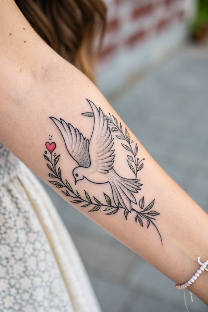 Christian Tattoos for Women Ideas: The Dove with a Heart-Shaped Olive Branch