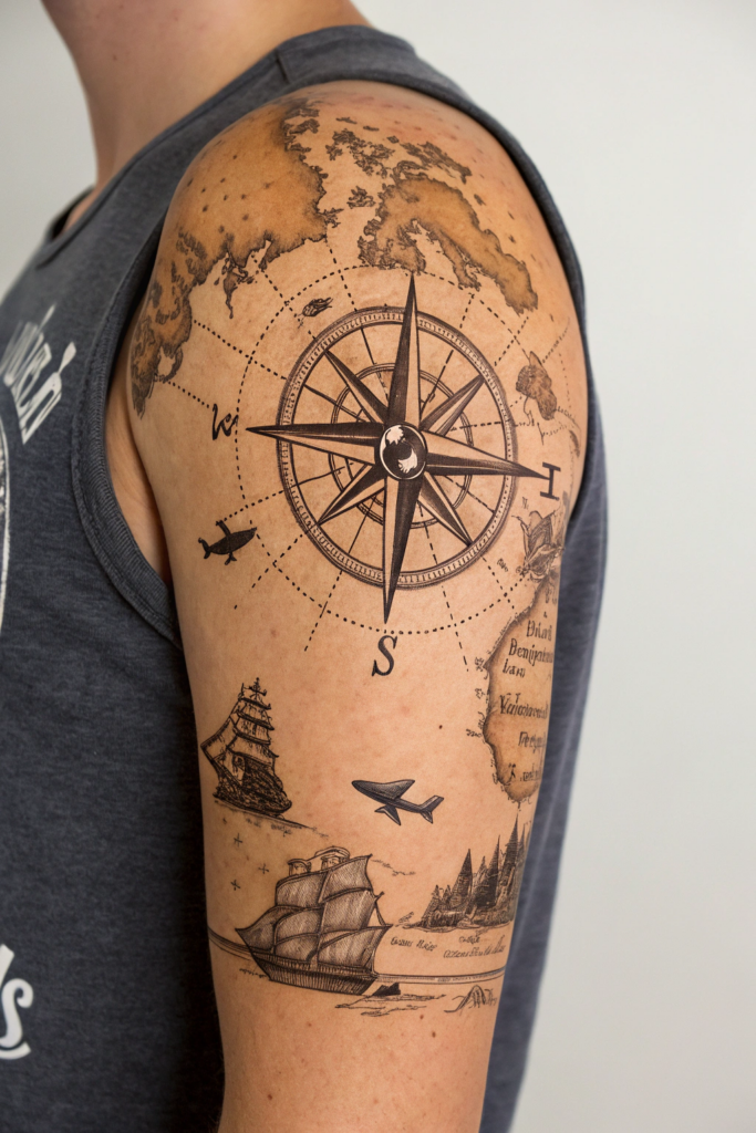 Half Arm Sleeve Tattoos Ideas: Vintage Map with Compass and Travel Symbols