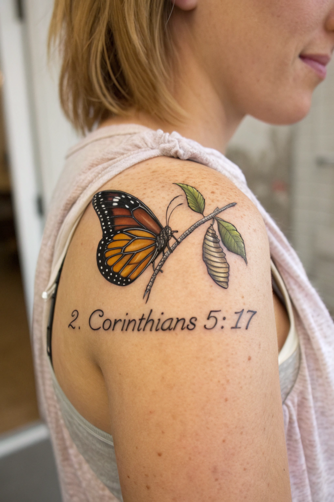 Christian Tattoos for Women Ideas: The Butterfly with 2 Corinthians 5:17