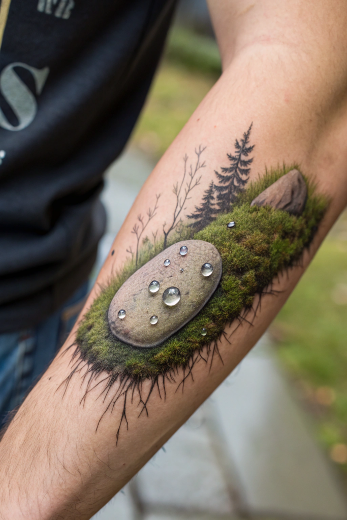 Small Earthy Tattoos Ideas: Moss-Covered Stone with Dewdrops