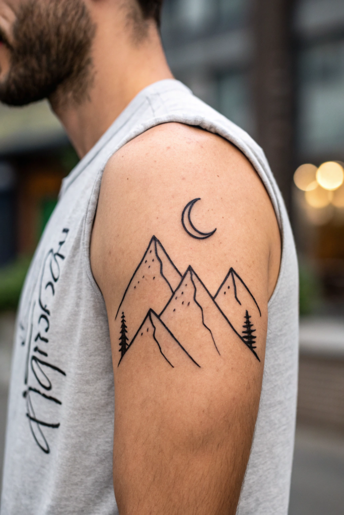 Small Earthy Tattoos Ideas: Floating Mountain Range with a Crescent Moon