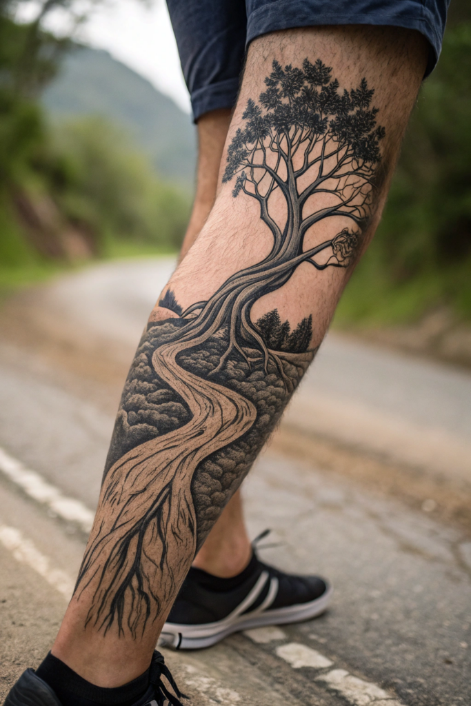 Small Earthy Tattoos Ideas: Tree Roots Merging into a River