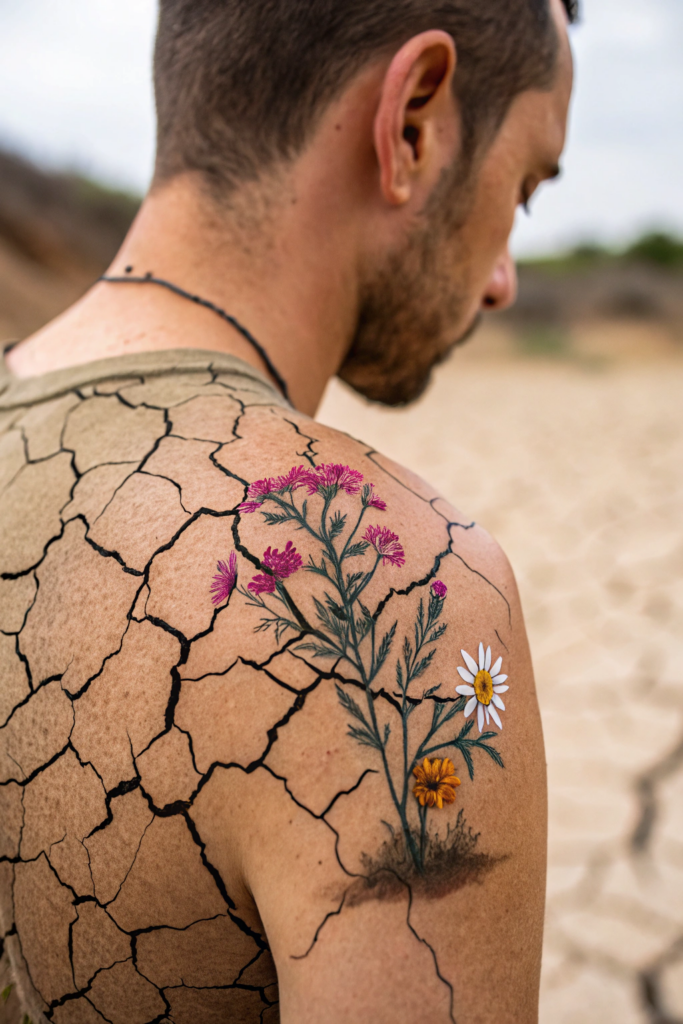 Small Earthy Tattoos Ideas: Cracked Earth with Blooming Wildflowers