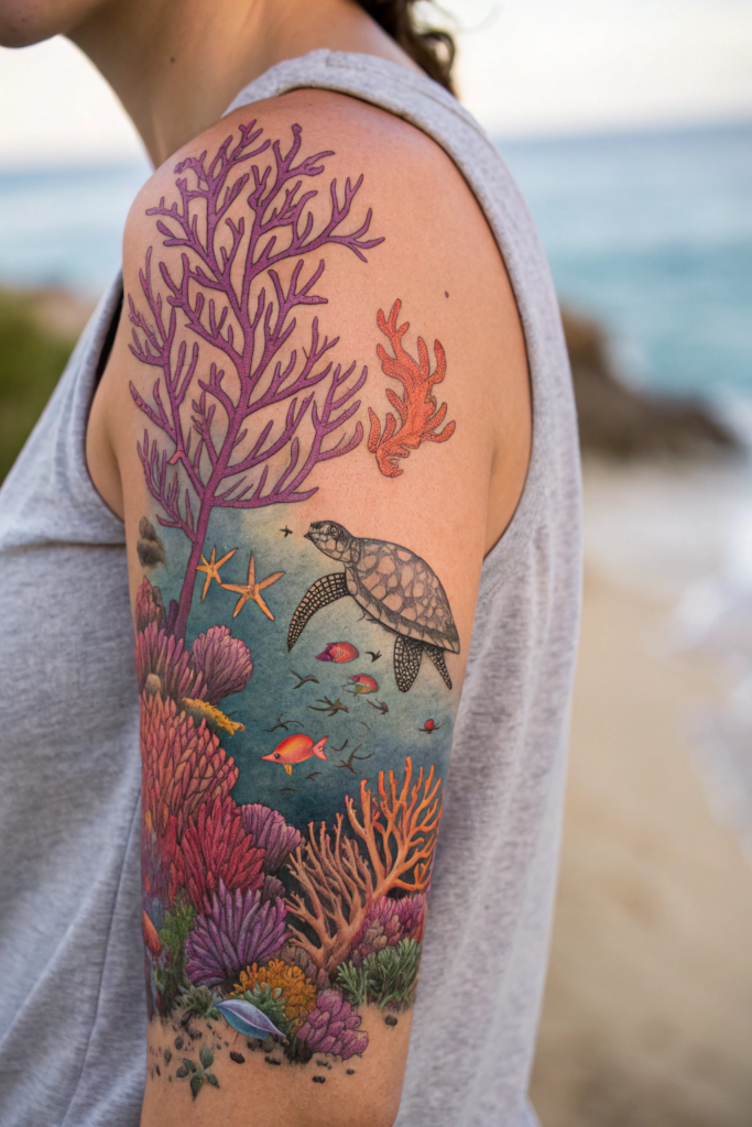 Half Arm Sleeve Tattoos Ideas: Underwater Coral Reef Ecosystem