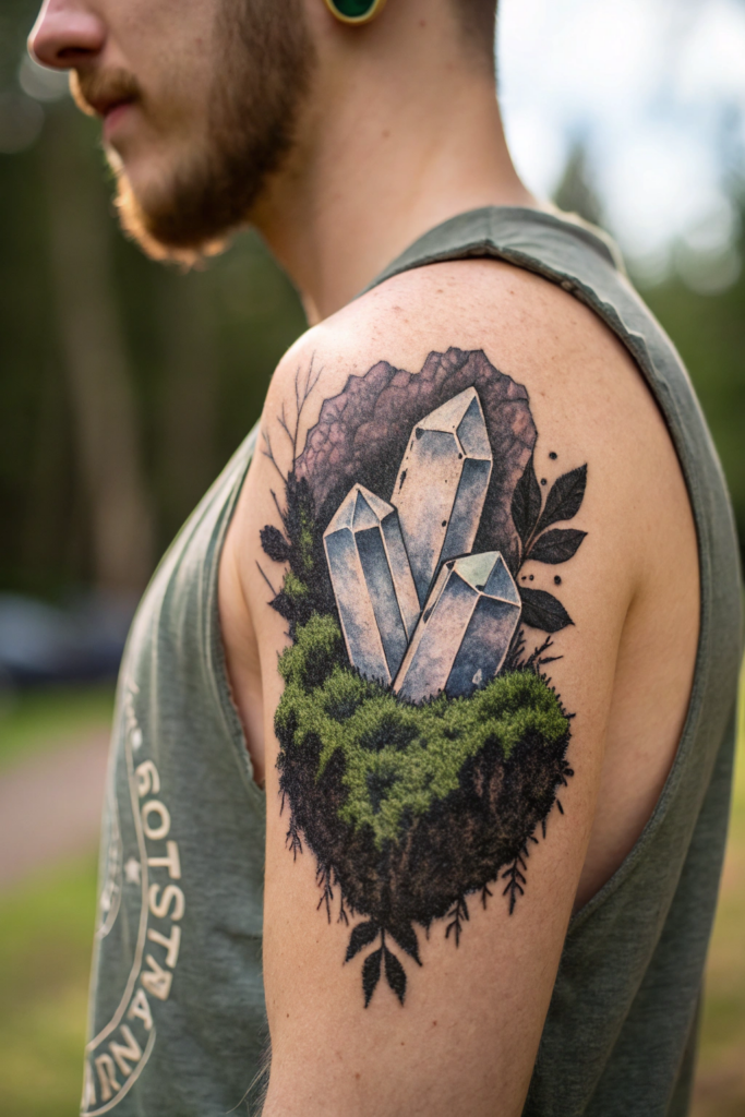 Small Earthy Tattoos Ideas: A Geode with Crystals and Moss