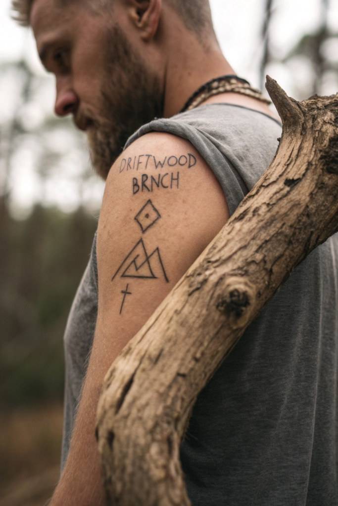 Small Earthy Tattoos Ideas: A Driftwood Branch with Carved Symbols