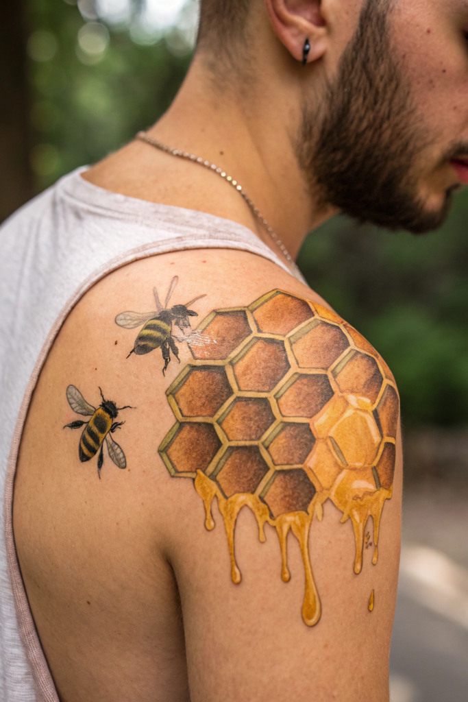 Small Earthy Tattoos Ideas: A Honeycomb with Dripping Honey and Bees