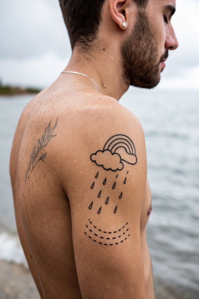 Small Earthy Tattoos Ideas: A Wispy Cloud with Rain Falling into a Puddle