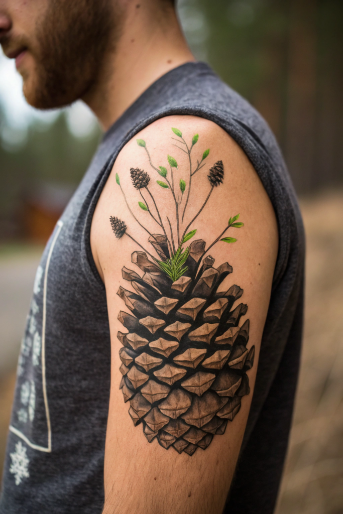 Small Earthy Tattoos Ideas: A Pinecone with Sprouting Seedlings