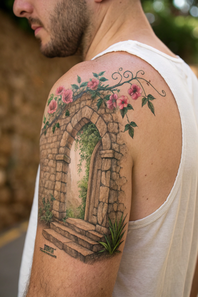 Small Earthy Tattoos Ideas: A Stone Archway with Vines and Flowers