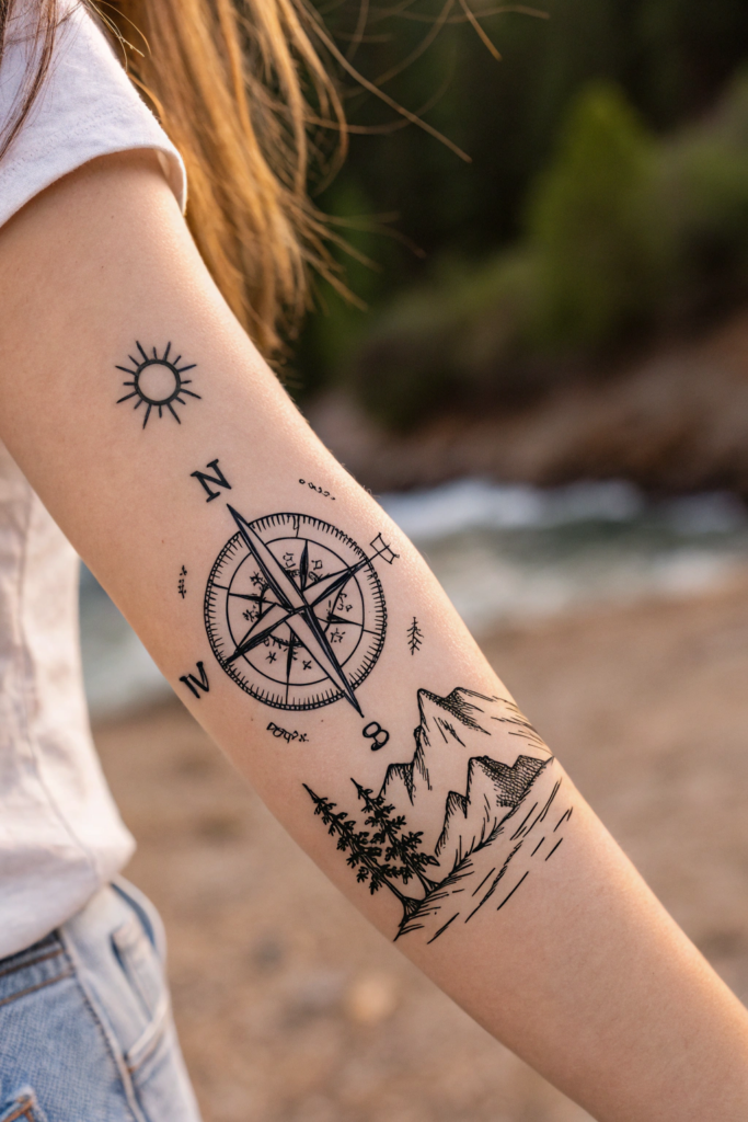 Small Earthy Tattoos Ideas: A Compass with Natural Elements as Directions