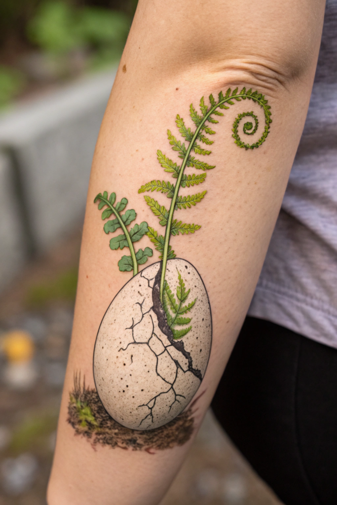 Small Earthy Tattoos Ideas: A Cracked Egg with a Fern Unfurling Inside