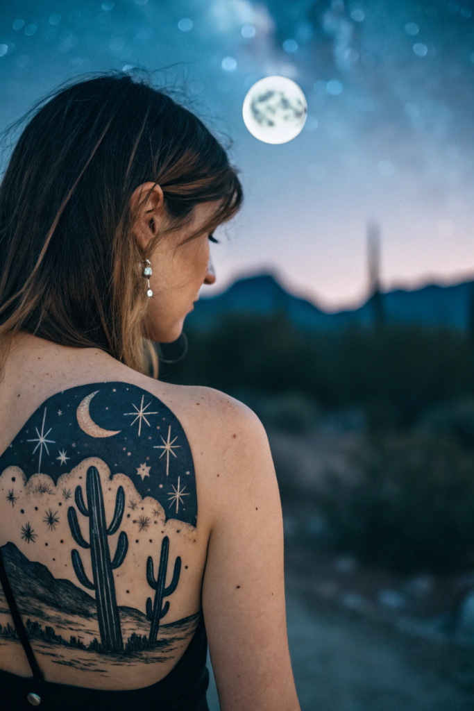 Small Earthy Tattoos Ideas: A Moonlit Desert with Cacti and Stars