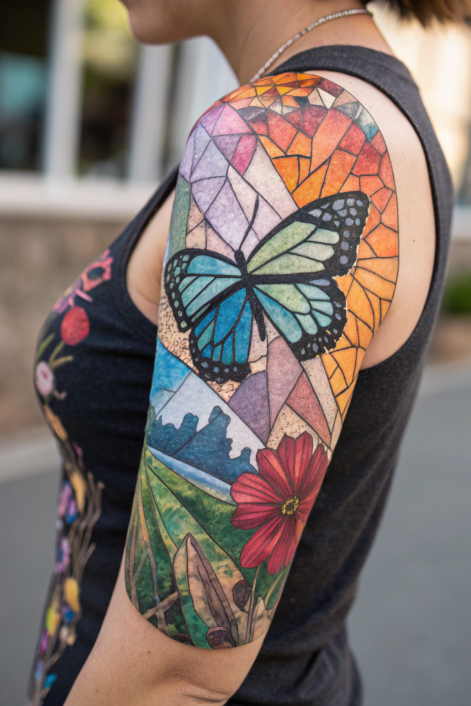 Half Arm Sleeve Tattoos Ideas: Surreal Butterfly with Shattered Glass Effect