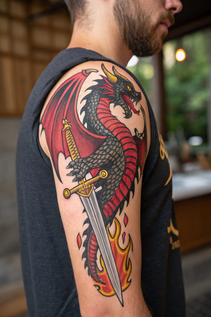 Half Arm Sleeve Tattoos Ideas: Mythical Dragon Wrapped Around a Sword