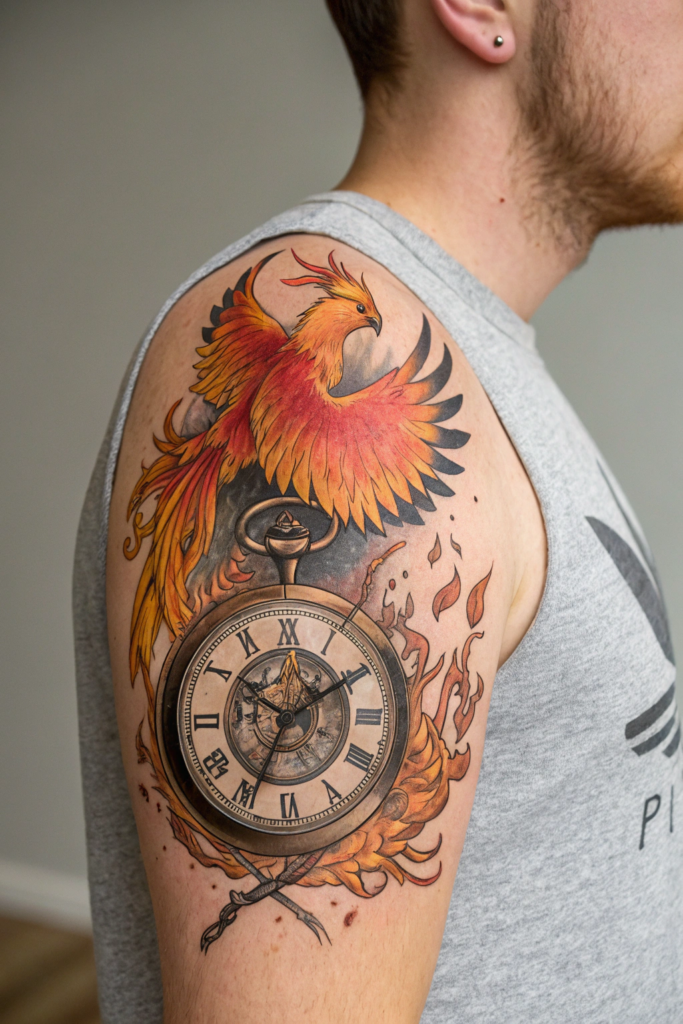 Traditional Style Tattoos Ideas: Phoenix Rising from a Pocket Watch