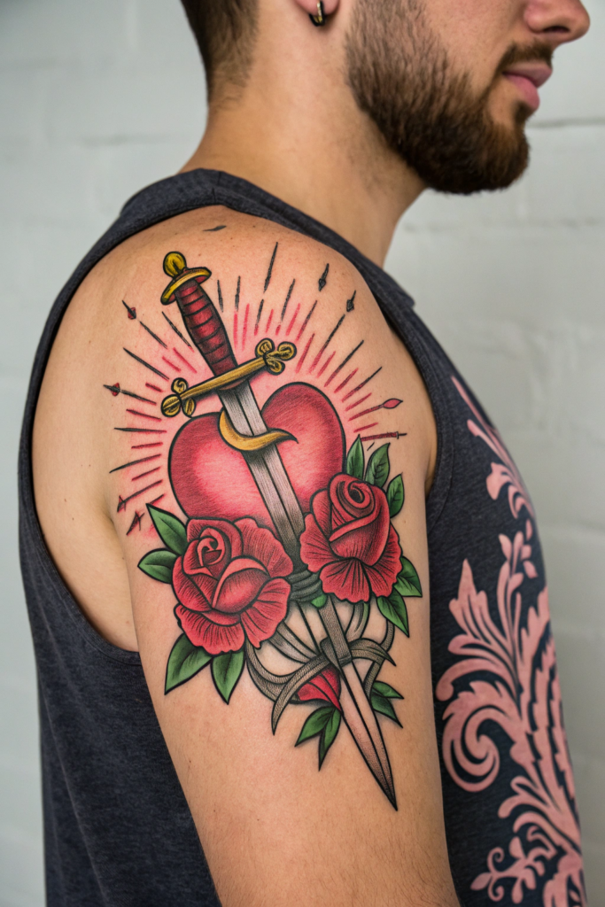 Traditional Style Tattoos Ideas: The Sacred Heart with Daggers and Roses