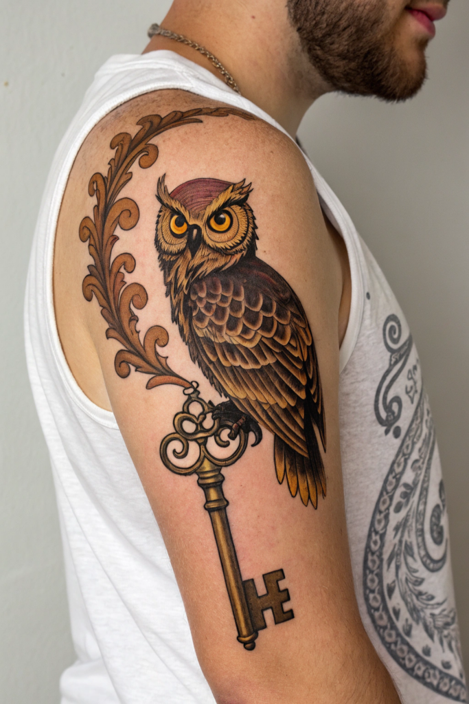 Traditional Style Tattoos Ideas: The Owl and the Key: Wisdom Unlocked