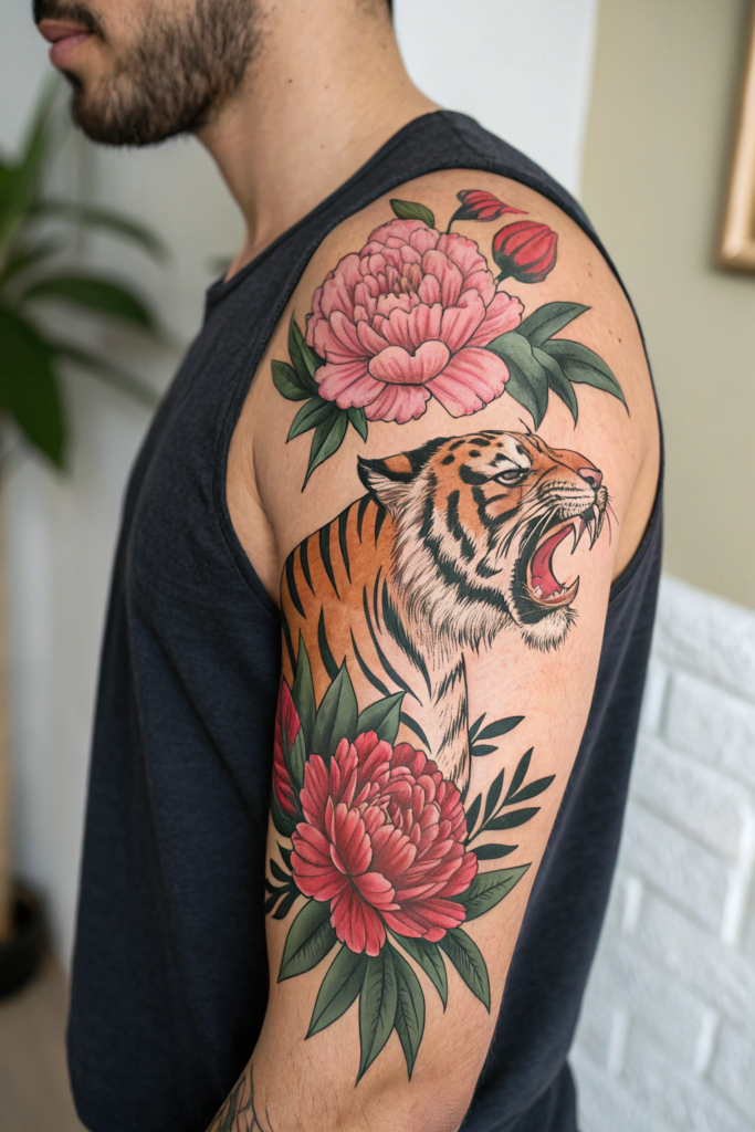 Traditional Style Tattoos Ideas: The Tiger and the Peony: Strength and Beauty