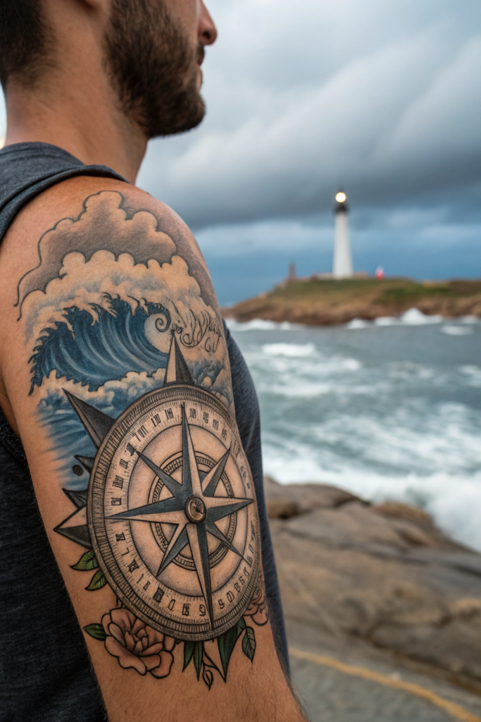 Traditional Style Tattoos Ideas: The Sailor’s Compass with a Stormy Sea