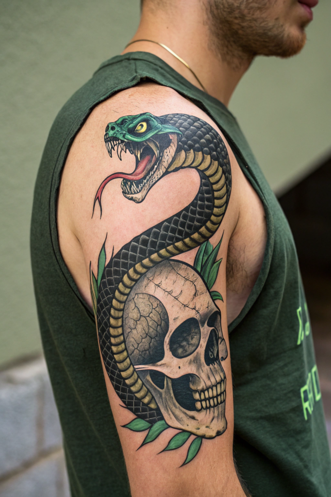 Traditional Style Tattoos Ideas: The Serpent and the Skull: Eternal Cycle of Life and Death