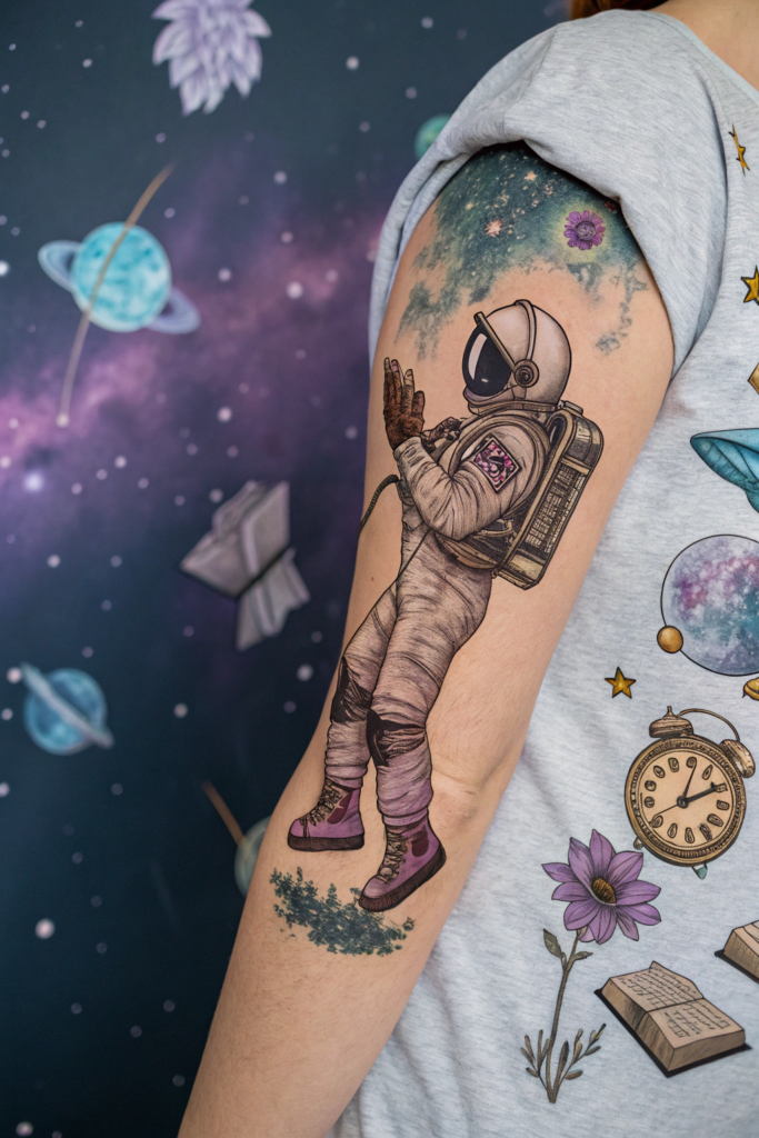 Half Arm Sleeve Tattoos Ideas: Astronaut Floating in a Surreal Dream