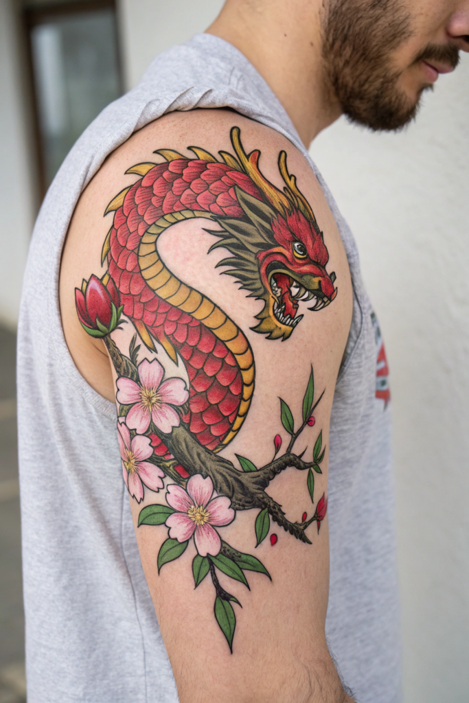 Traditional Style Tattoos Ideas: The Dragon and the Cherry Blossom: Power and Transience