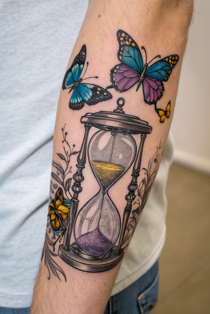 Traditional Style Tattoos Ideas: The Hourglass with Butterflies: Time and Transformation