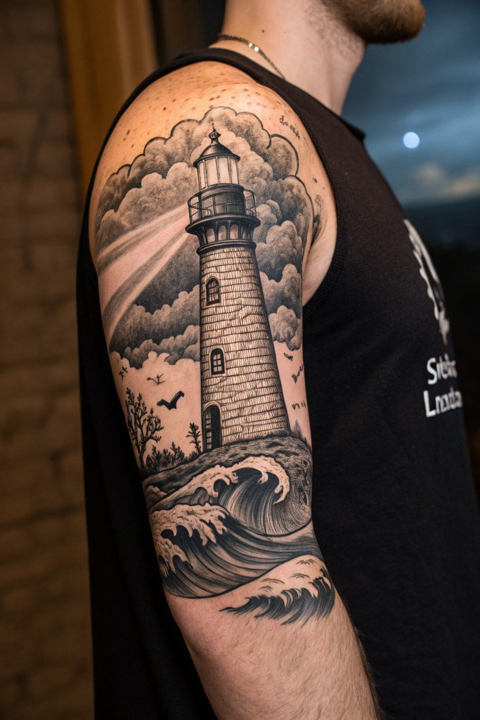 Traditional Style Tattoos Ideas: The Lighthouse in the Storm: Guiding Light in Darkness