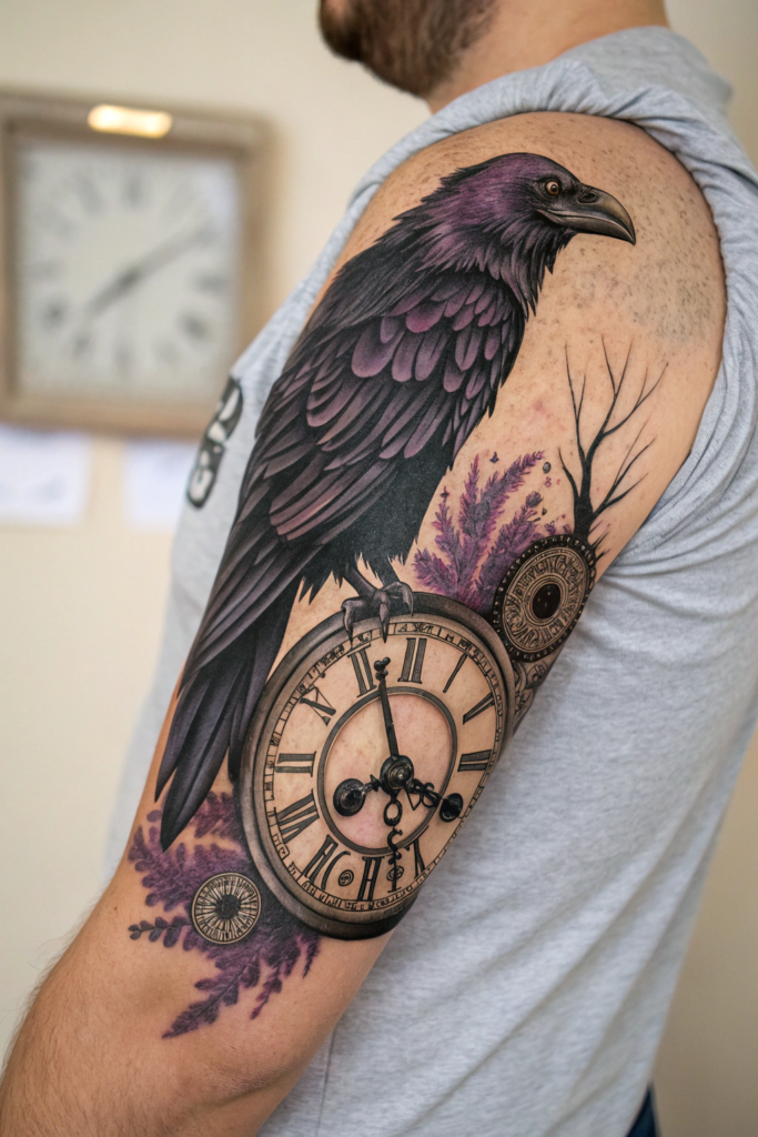 Traditional Style Tattoos Ideas: The Raven and the Clock: Messenger of Time