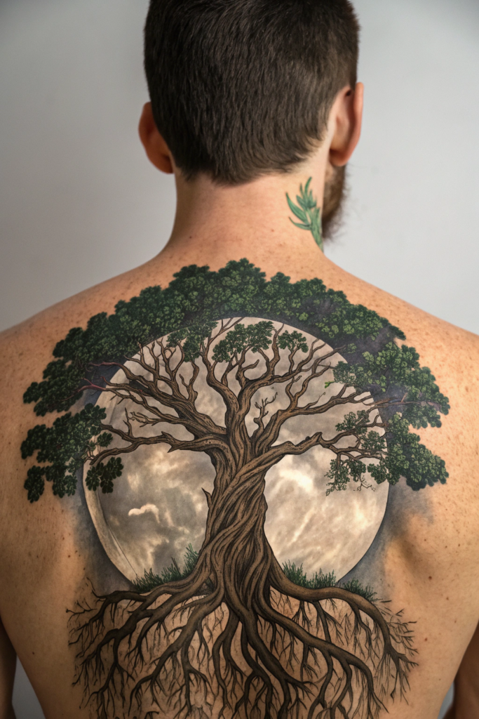 Traditional Style Tattoos Ideas: The Tree of Life with a Full Moon: Roots and Reflection