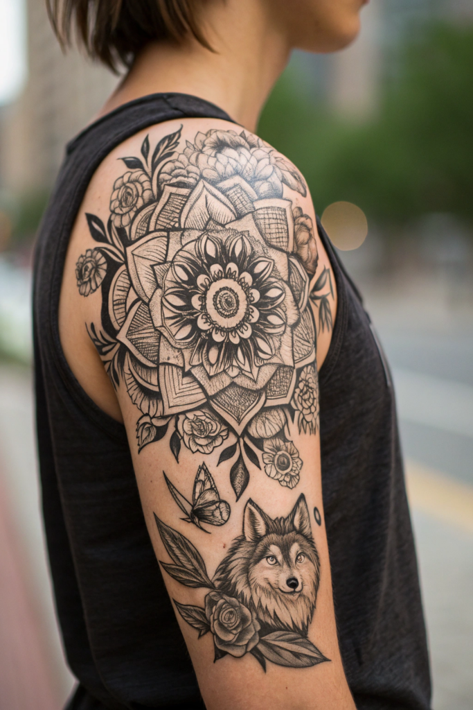 Half Arm Sleeve Tattoos Ideas: Floral Mandala with Hidden Animals