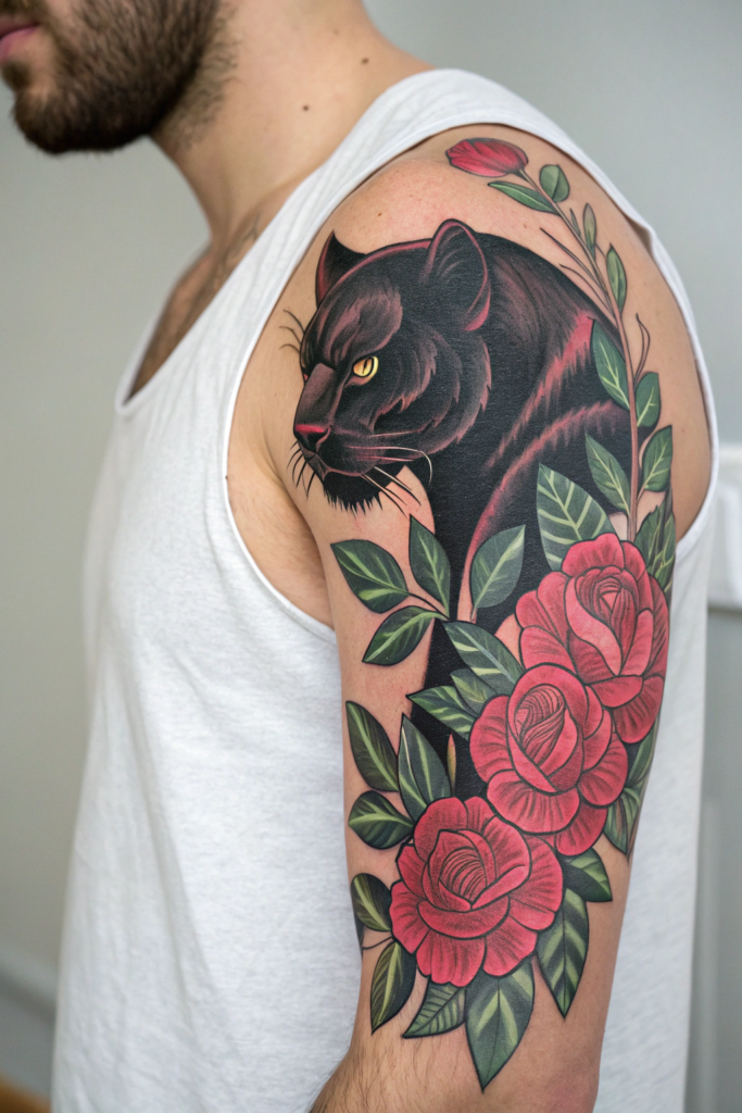 Traditional Style Tattoos Ideas: The Panther and the Rose: Strength and Sensuality