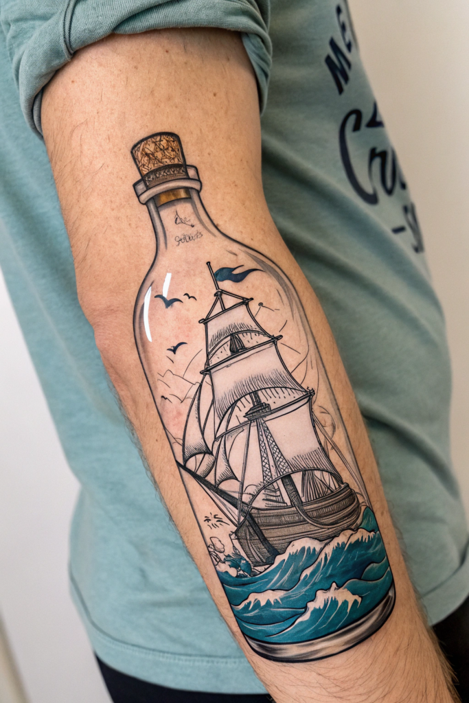 Traditional Style Tattoos Ideas: The Ship in a Bottle: Adventure Preserved