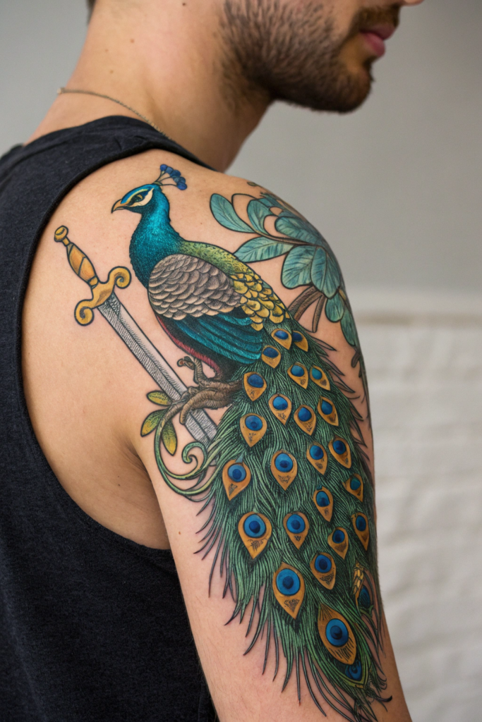 Traditional Style Tattoos Ideas: The Peacock and the Dagger: Beauty and Danger