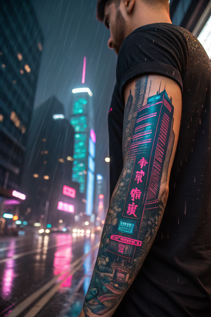 Half Arm Sleeve Tattoos Ideas: Retro Cyberpunk City at Night