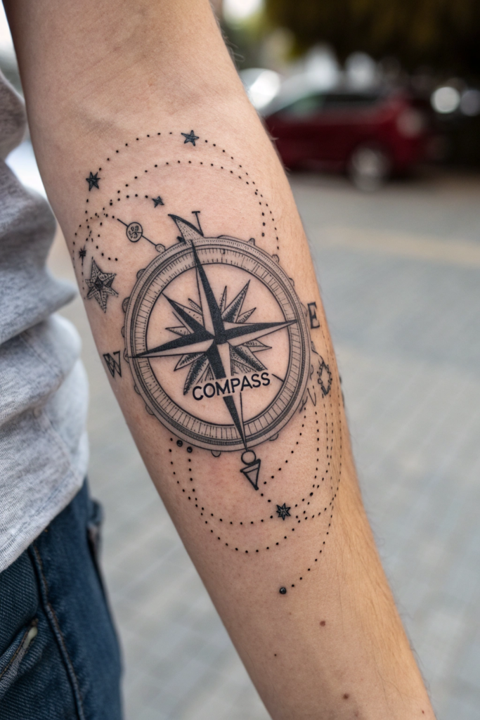 Antique Tattoo Ideas: Celestial Compass with Ancient Script