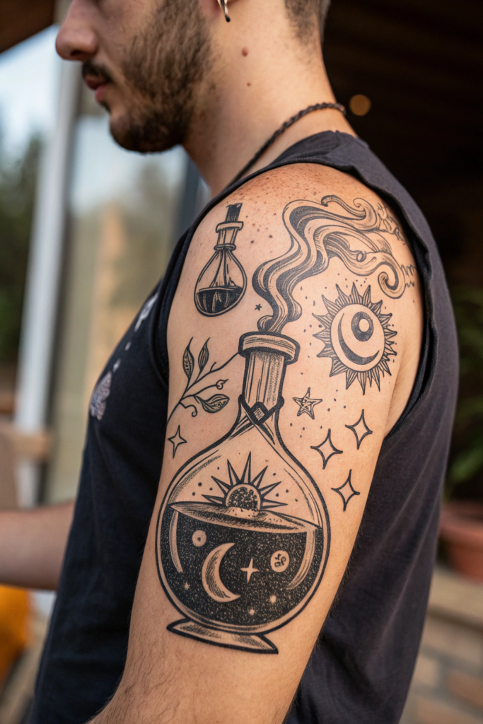 Antique Tattoo Ideas: Medieval Alchemy Flask with Rising Smoke