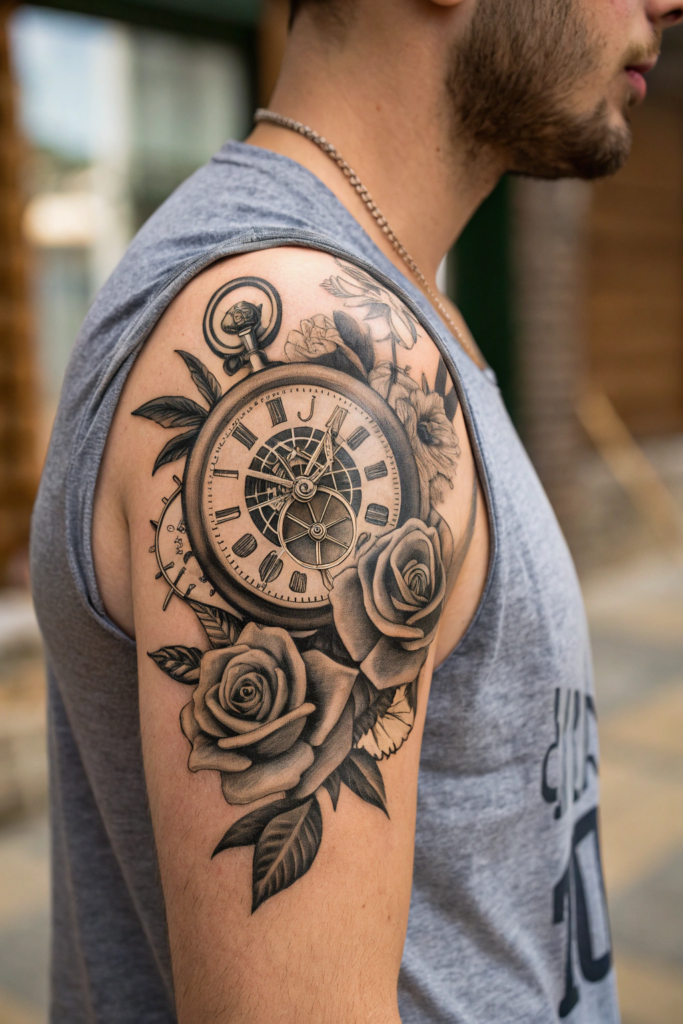 Antique Tattoo Ideas: Antique Pocket Watch with Blooming Roses