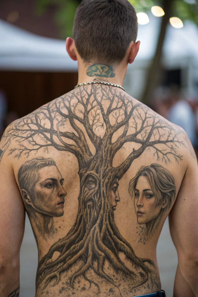 Antique Tattoo Ideas: Ancient Tree of Life with Hidden Faces