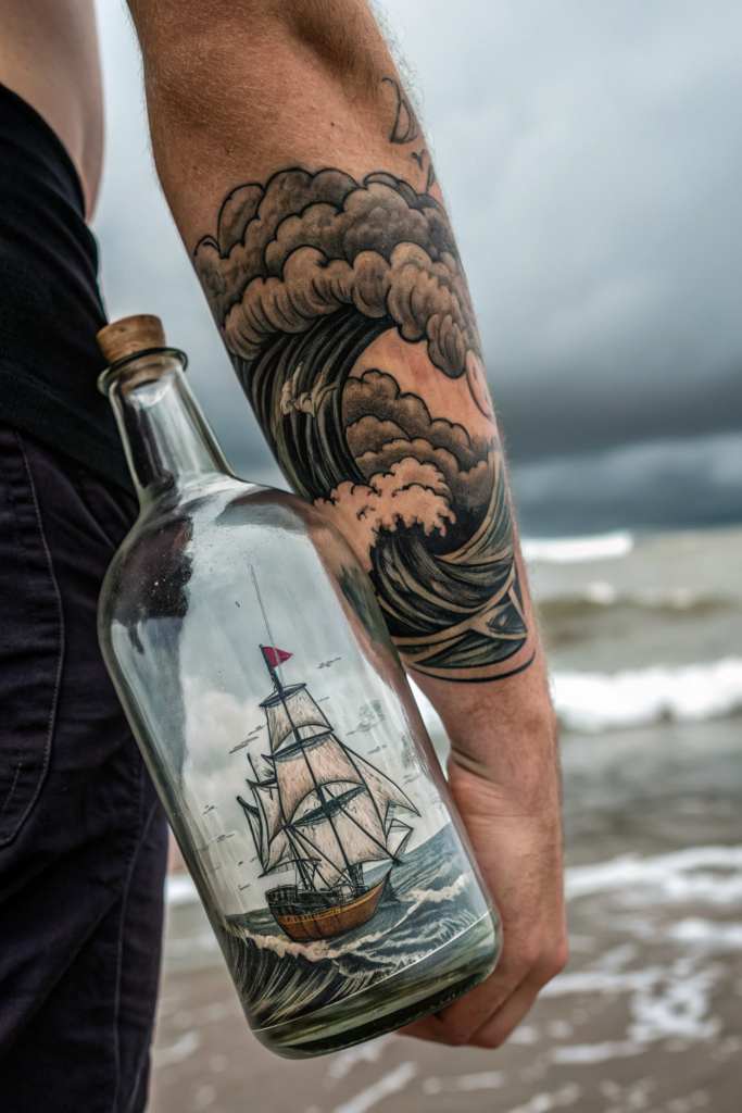 Antique Tattoo Ideas: Vintage Ship in a Bottle with Stormy Seas