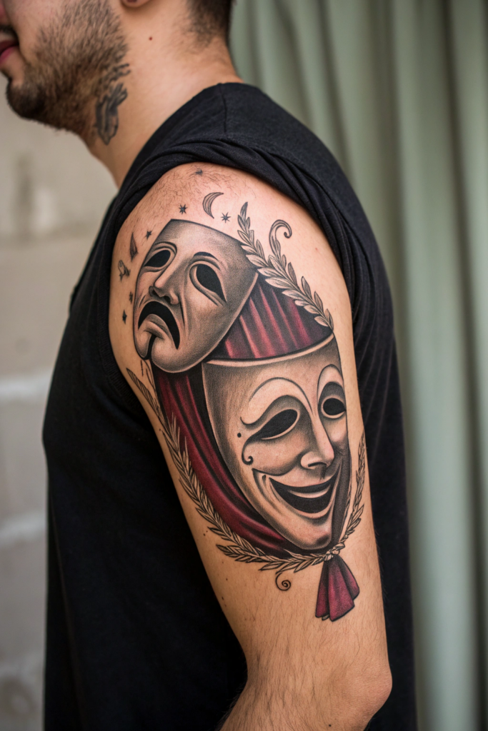 Antique Tattoo Ideas: Victorian Theatre Mask with Fading Paint