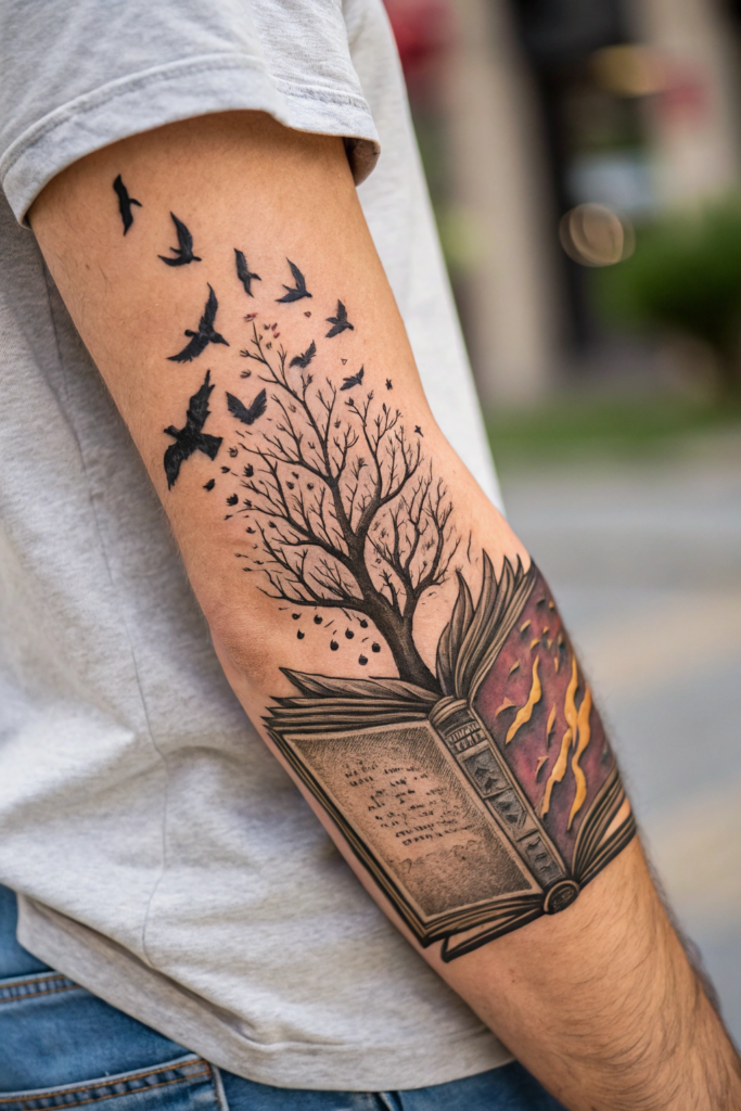 Antique Tattoo Ideas: Ancient Book with Levitating Pages
