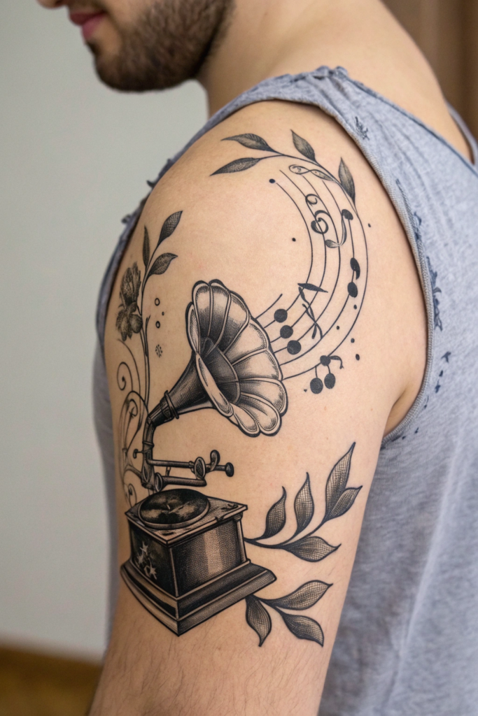 Antique Tattoo Ideas: Vintage Gramophone with Sound Waves as Vines