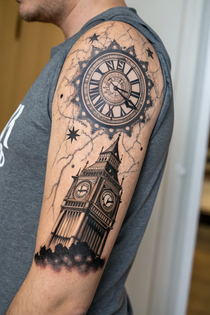 Antique Tattoo Ideas: Antique Clock Tower with Time Spiraling Out