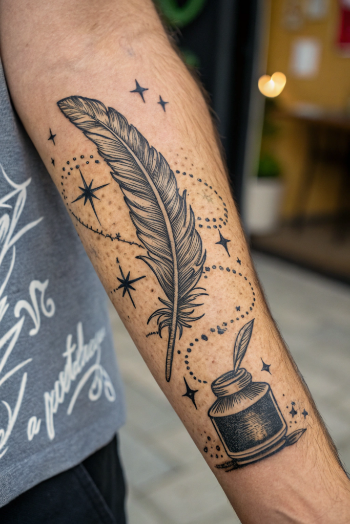 Antique Tattoo Ideas: Antique Quill Pen Writing in Stardust
