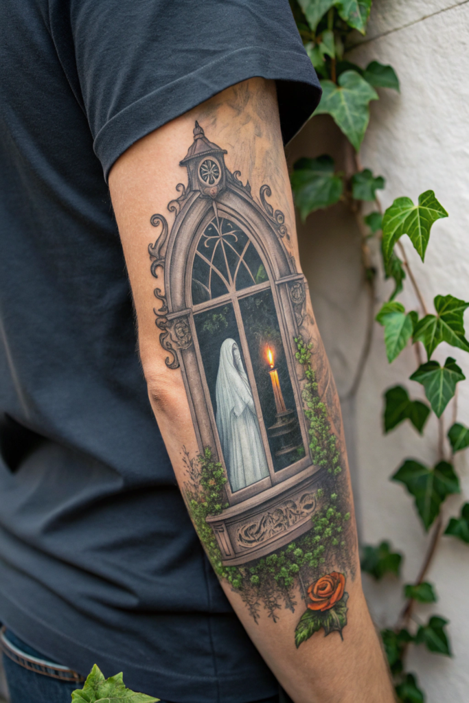 Antique Tattoo Ideas: Victorian Window with a Ghostly Figure