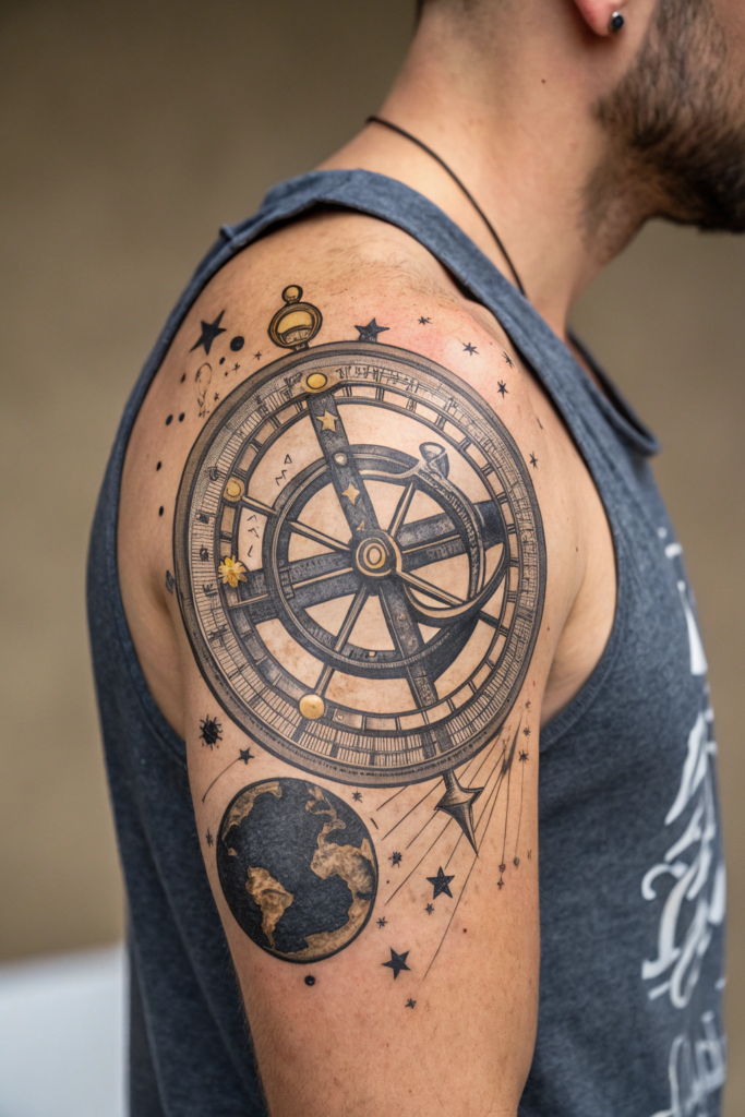 Antique Tattoo Ideas: Ancient Astrolabe with Planetary Orbits