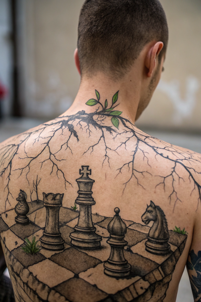 Antique Tattoo Ideas: Vintage Chessboard with Living Pieces