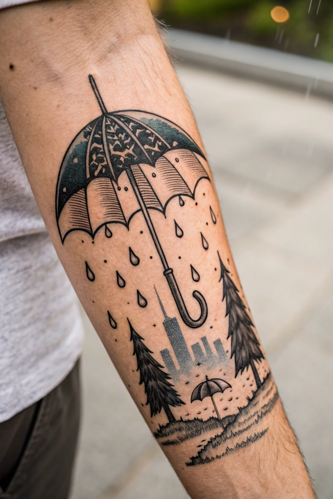 Antique Tattoo Ideas: Victorian Umbrella with Raindrop Reflections
